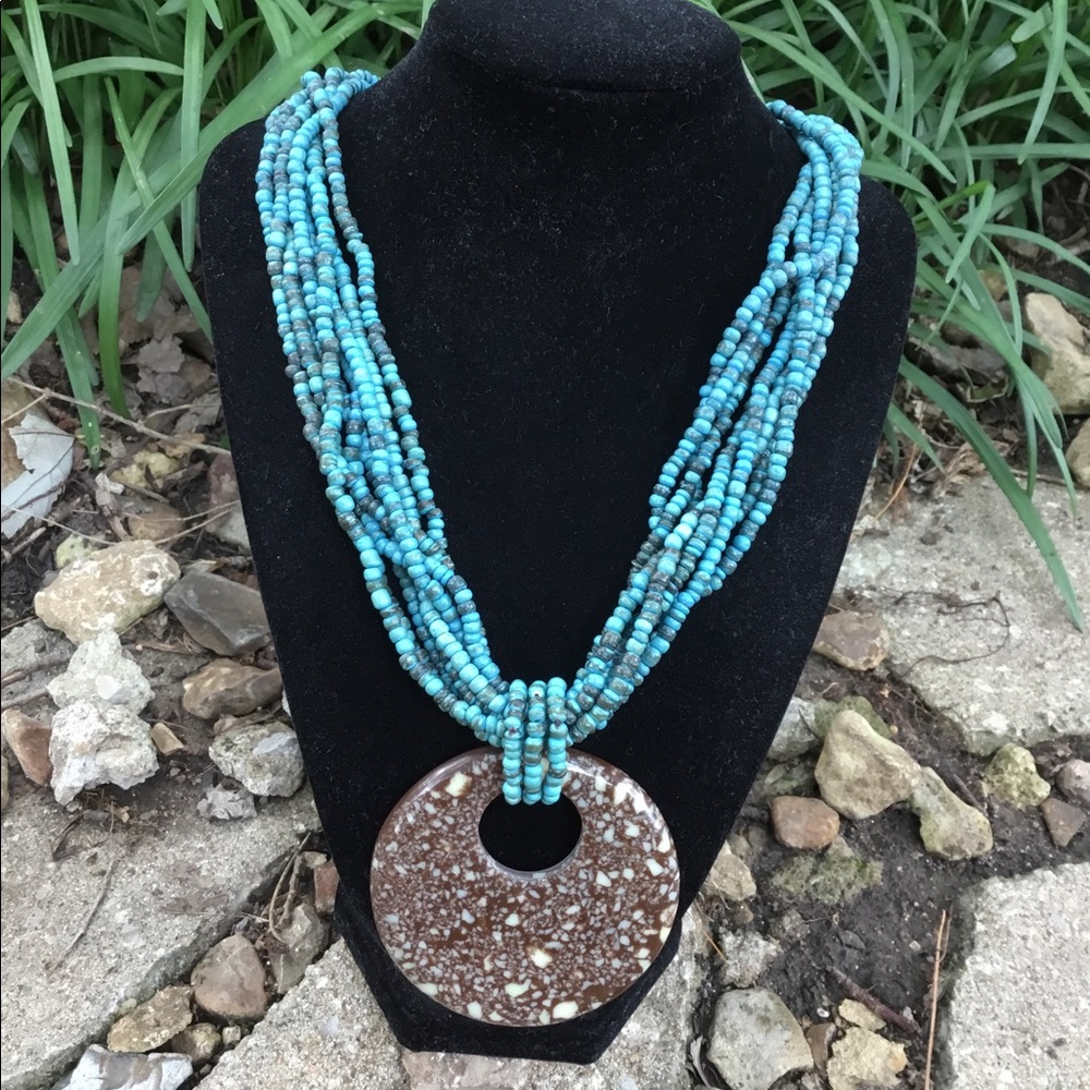 Turquoise Beaded Necklace with Stone Pendant